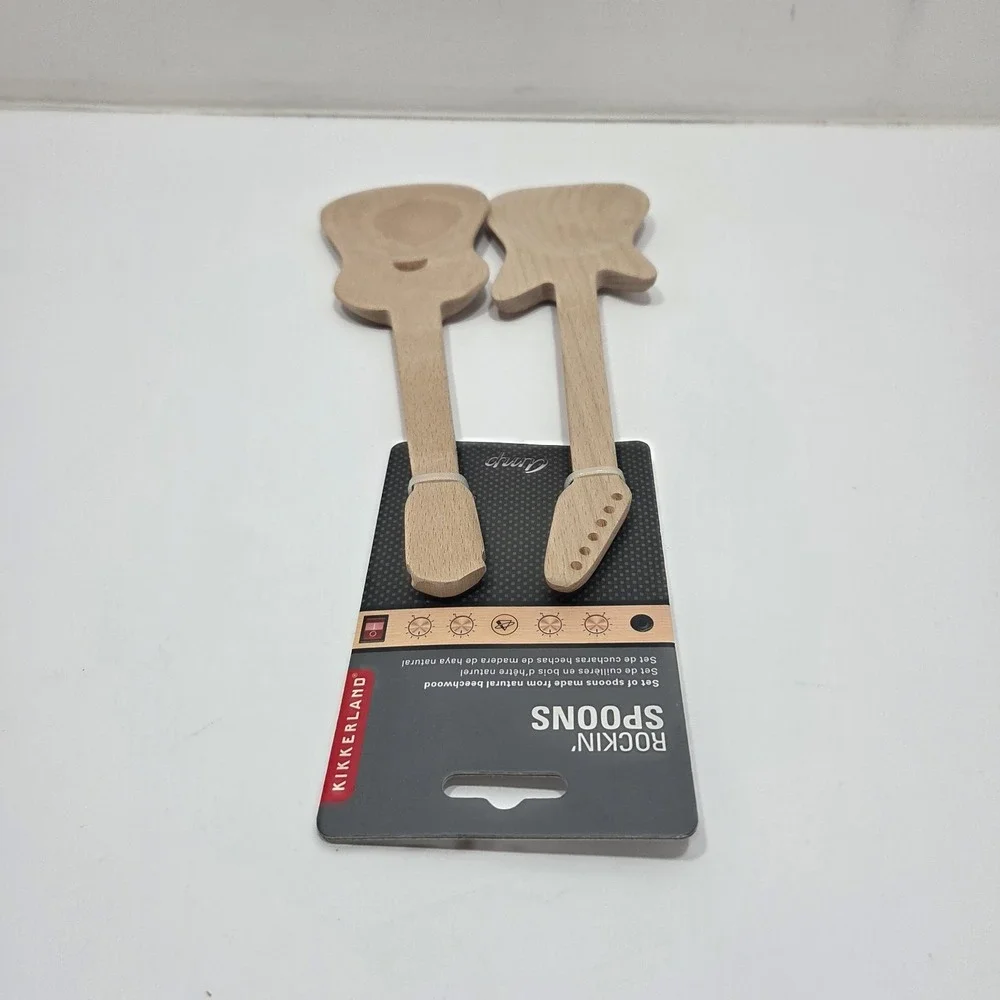 New Rockin' Spoons Guitar Serving Kitchen Utensils Set of 2 Kikkerland Beechwood
